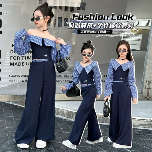 Children's splicing long-sleeved shirt college style wide-leg pants two-piece suit