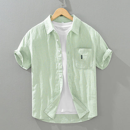 Solid Color Cotton And Linen Casual Fashion Short Sleeve Shirt