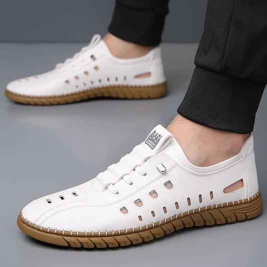 Hollow Breathable White Shoes Hole Shoes Soft Bottom Men Slip-on Leather Sandals