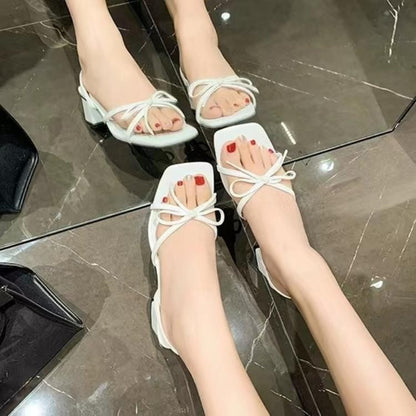 Crystal High Heels Bow Chunky Heel Roman One-suit Skirt High Heel Sandals