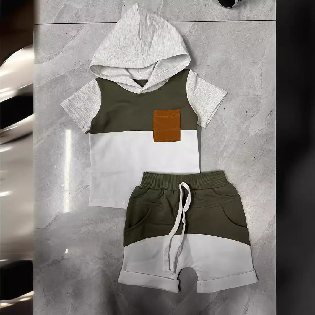 Boys And Girls Color-block Crew Neck Hooded Suits