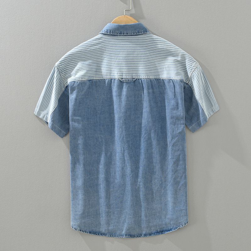 Design Sense Color Contrast Patchwork Striped Denim Short Sleeve Shirt