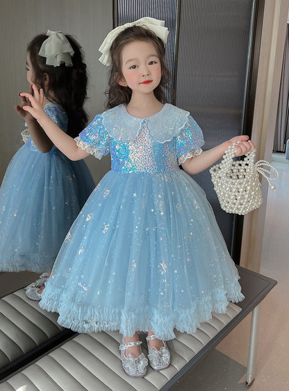 Girls Birthday Dress Doll Collar Sequins Umbrella Princess Dress