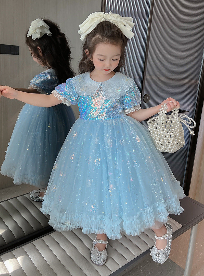 Girls Birthday Dress Doll Collar Sequins Umbrella Princess Dress