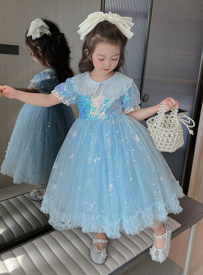 Girls Birthday Dress Doll Collar Sequins Umbrella Princess Dress