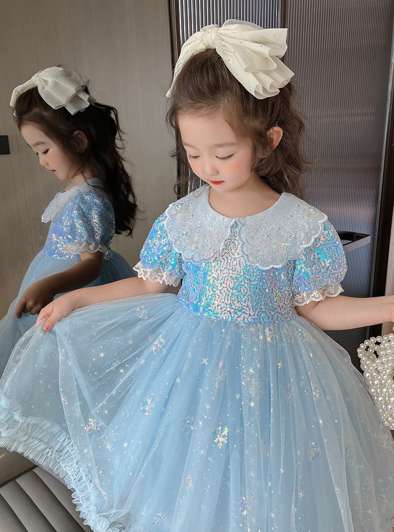 Girls Birthday Dress Doll Collar Sequins Umbrella Princess Dress