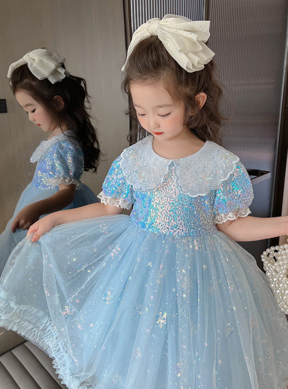 Girls Birthday Dress Doll Collar Sequins Umbrella Princess Dress