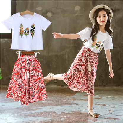 Korean Style Leaf Printed Wide-leg Pants Two-piece Set