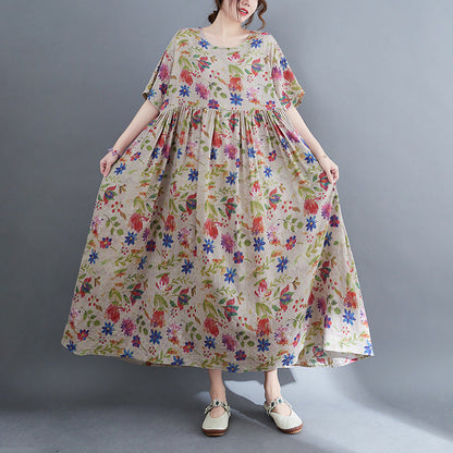 Artistic Large Size Loose Plump Girls Cotton And Linen Printed Short-sleeved Dress Women's Clothing