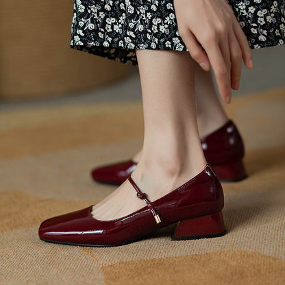 Red Patent Leather Square Toe Vintage Women's Shoes