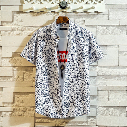 Men's Shirt Youth Loose Fashion Printed Shirt Simple Casual Lapel Shirt