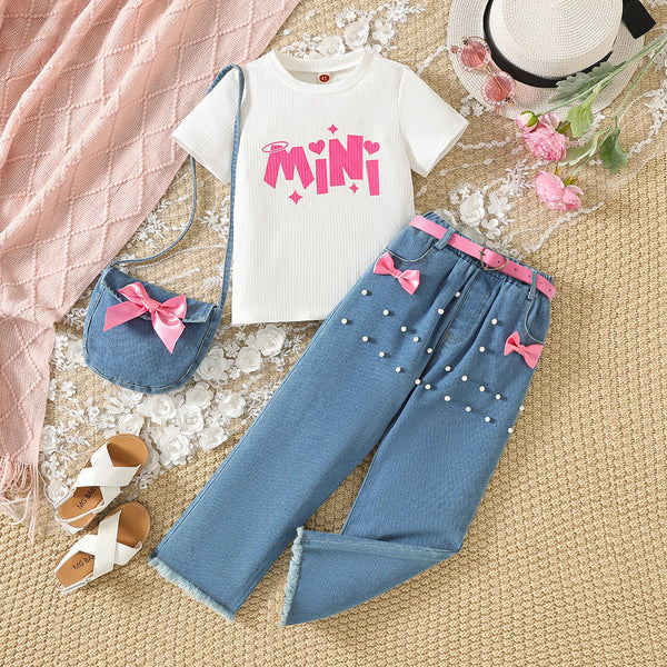 Children's Clothing Round Neck Letter Print T-shirt Denim Trousers Suit