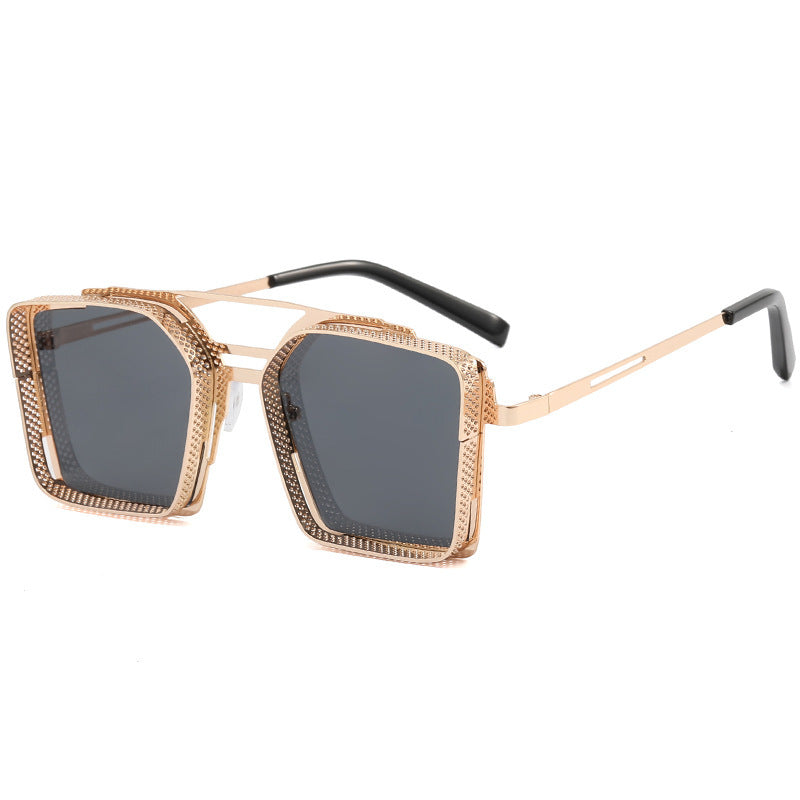 Steam Punk Sunglasses Men's Metal Hollow Square Frame Sunglasses Tide Double Beam Glasses