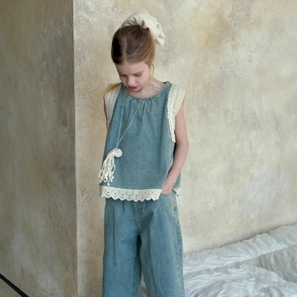Girls' Lace Trim Denim Cropped Wide-leg Pants Sleeveless Vest Two-piece Set