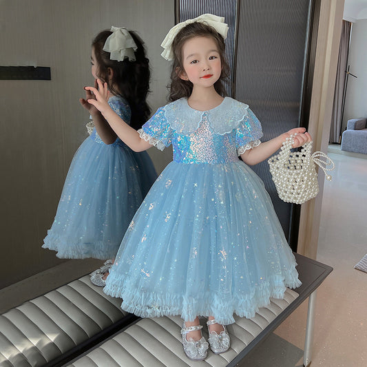 Girls Birthday Dress Doll Collar Sequins Umbrella Princess Dress