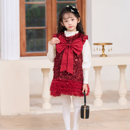 Girls' Wadding Sequined Bow Vest Dress