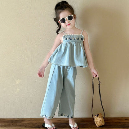 Girls' Embroidered Strap Vest Denim Straight-leg Pants Two-piece Set