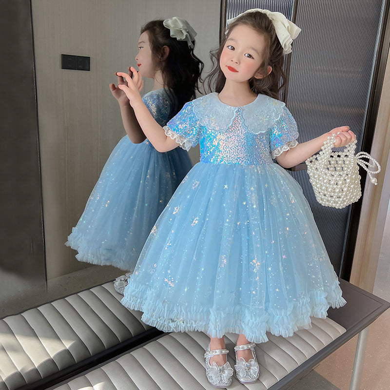 Girls Birthday Dress Doll Collar Sequins Umbrella Princess Dress