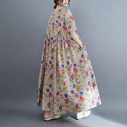 Artistic Large Size Loose Plump Girls Cotton And Linen Printed Short-sleeved Dress Women's Clothing