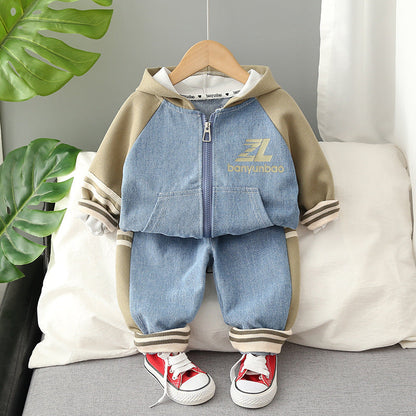 Baby Clothes Autumn New Handsome Boys' Patchwork Contrast Color Jacket Two-piece Set 0-5 Years Old Men's Treasure Set