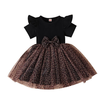 Pullover Cotton Sunken Stripe Short Sleeve Leopard Print Mesh Bow Girls Dress