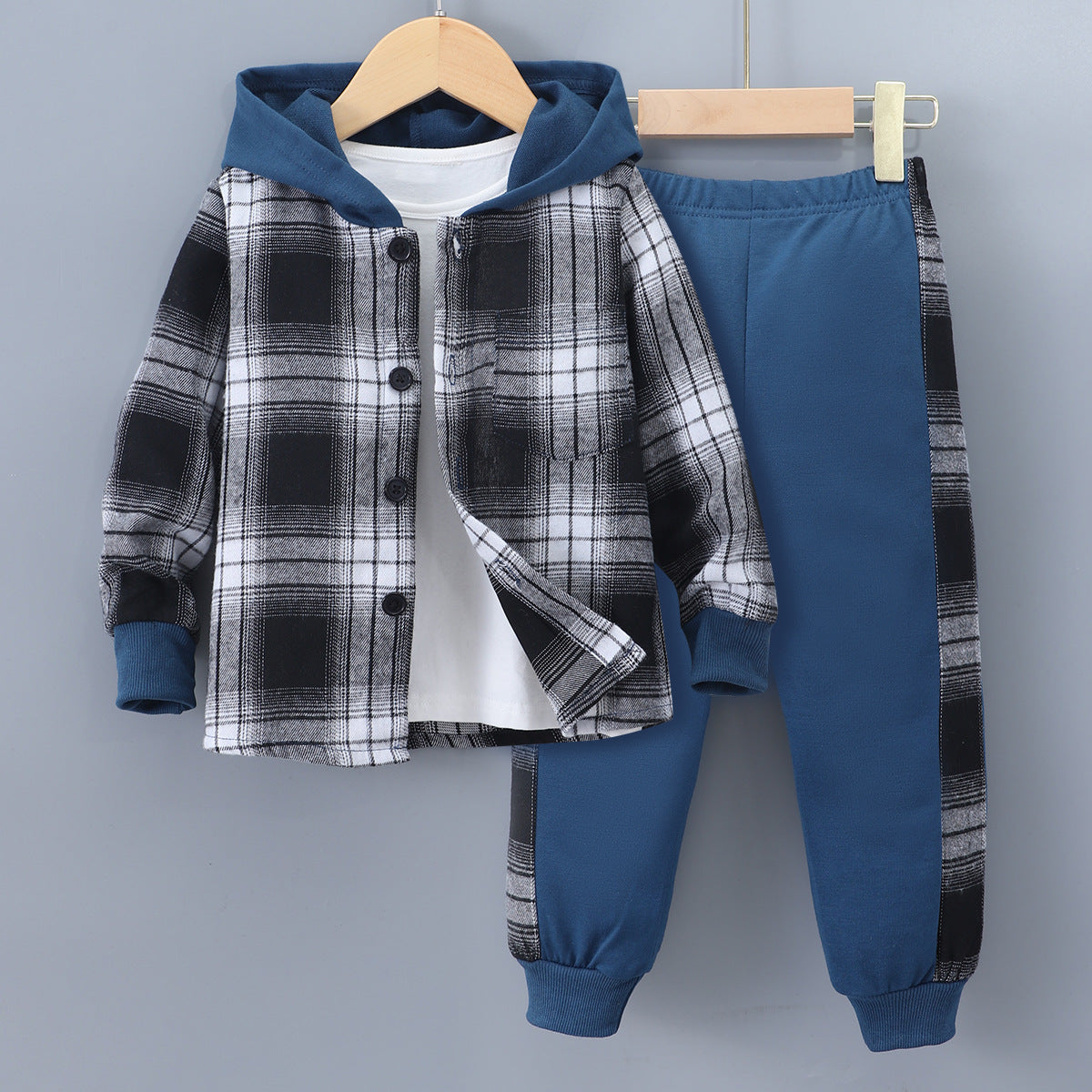 Long Sleeve Plaid Contrast Color Hoodie Two-piece Set