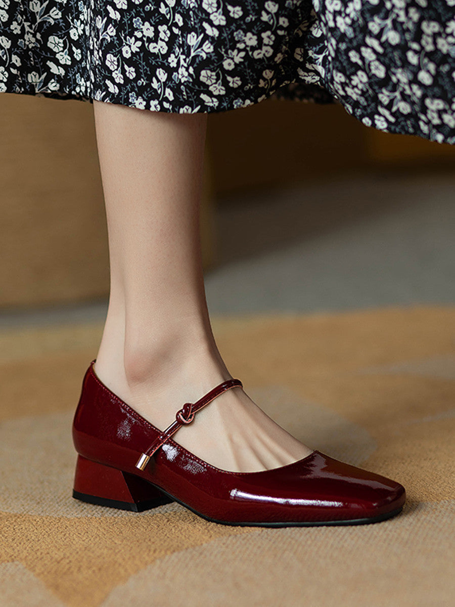 Red Patent Leather Square Toe Vintage Women's Shoes