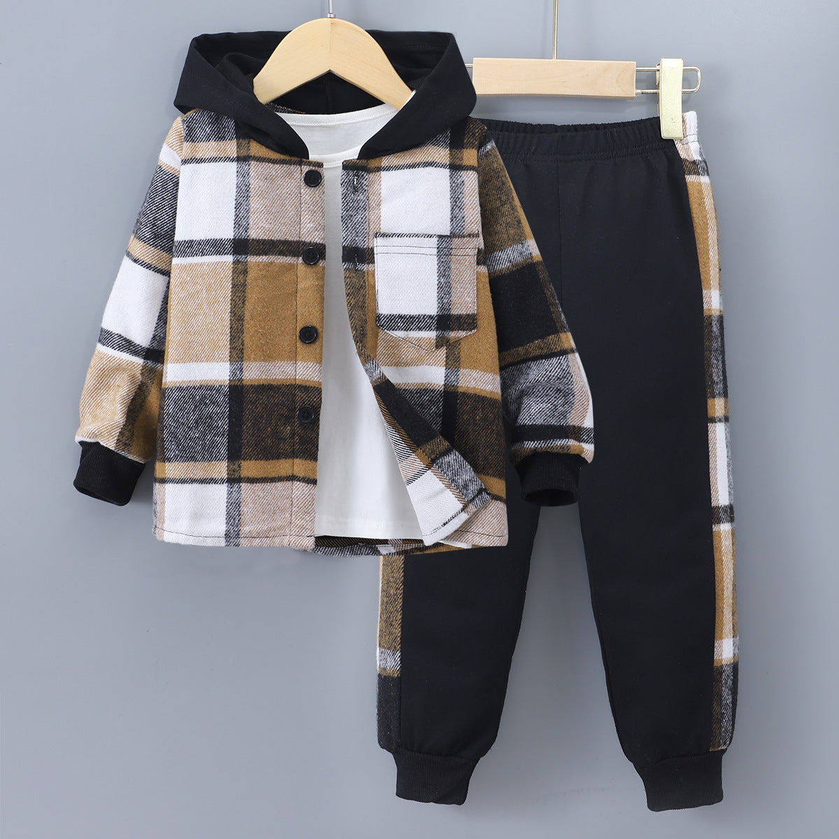 Long Sleeve Plaid Contrast Color Hoodie Two-piece Set