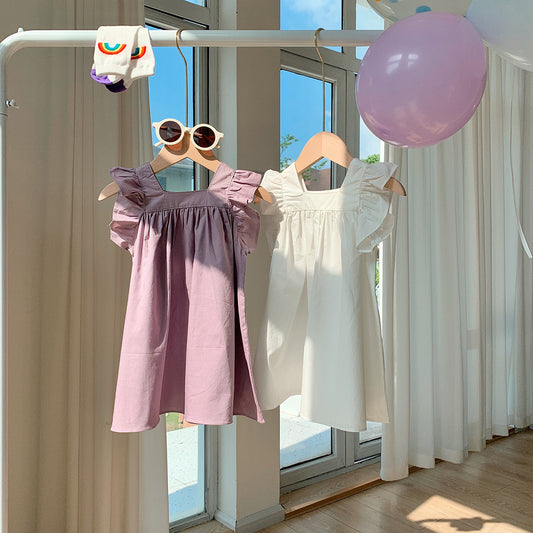 Ruffled Girls' Cotton Flying Sleeve Dress