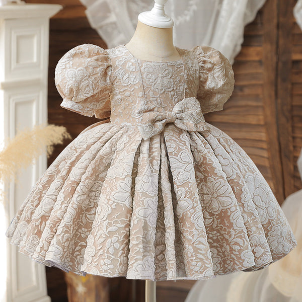 Girl's Baby Dress For One Year Old Puff Sleeve Bow Princess Dress (Available)