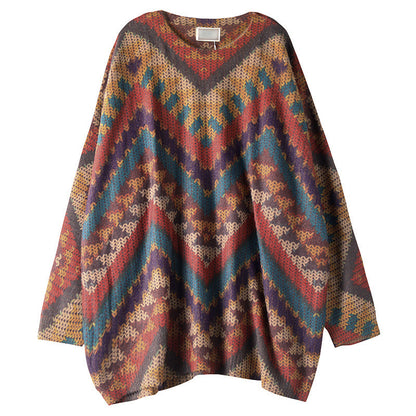 Autumn New Large Size Loose Artistic Retro Long Sleeve Striped All-matching Casual Printed Sweater Top Women's Clothing