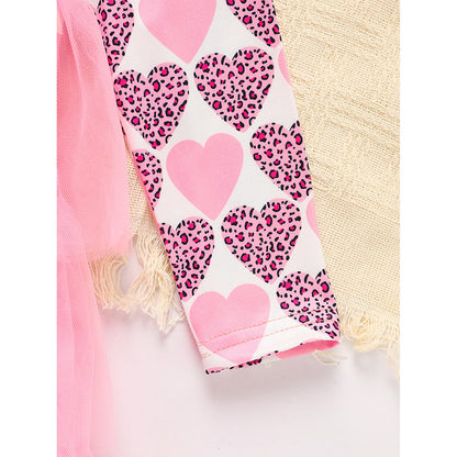 Toddler Girls Outfits Long Sleeve Graphic Heart Print Mesh Tulle Dress Valentine Birthday Party Dresses