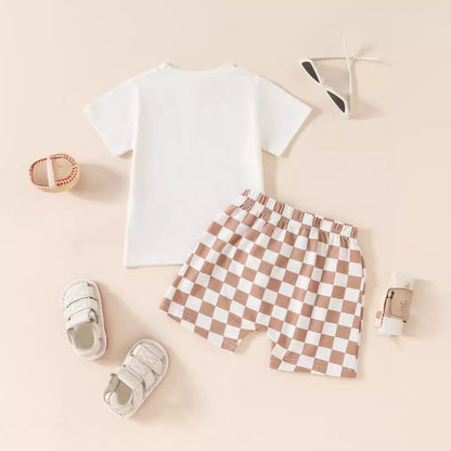 Summer Boys' And Kids' Popular Short Top Plaid Shorts Two-piece Set