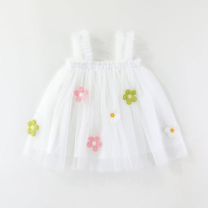 Girls Spaghetti Straps Chest Wrap Flower Embroidery Mesh Dress