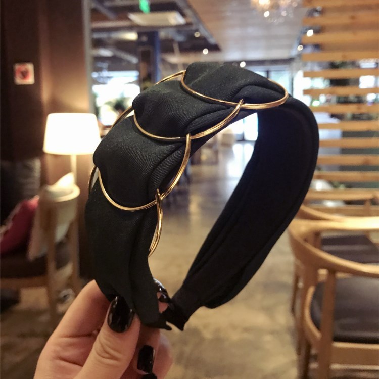 Hair Accessories Headband Women Fashion Golden Ring Cross Stitching Fabric Wide Side