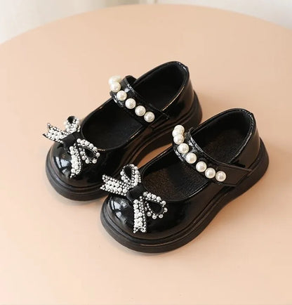Kids Fashion Pearl Bow Knot PU Leather Princess Shoes for Girls Butterfly Baby Shoes
