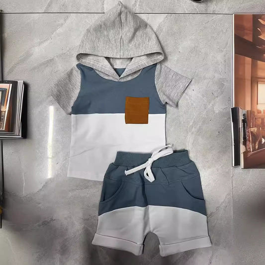 Boys And Girls Color-block Crew Neck Hooded Suits