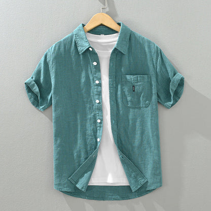 Solid Color Cotton And Linen Casual Fashion Short Sleeve Shirt
