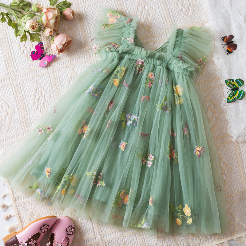 Korean Flower Embroidery Girls' Chiffon Skirt