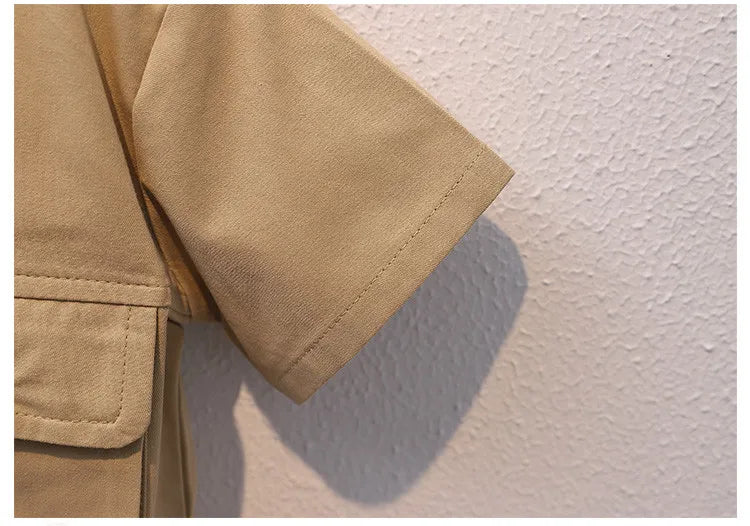Summer Kids 2024 Summer New Boys Suit Child Buttons Shirt Cargo Shorts Multi-pocket Workwear Suit Short Sleeve Shorts Cotton Set