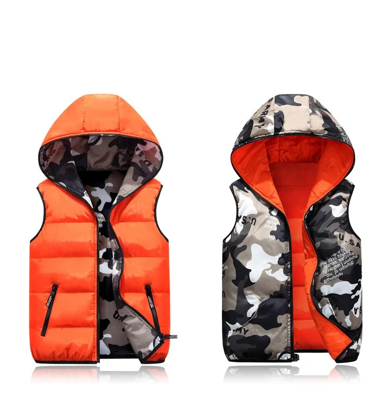 Parent-Child Outfits Warm Camo Reversible Vest Girls Boys Cotton Full Zip Waistcoat School Kids Outerwear Child Jacket 100-185cm