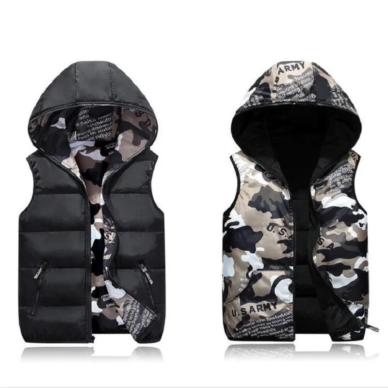 Parent-Child Outfits Warm Camo Reversible Vest Girls Boys Cotton Full Zip Waistcoat School Kids Outerwear Child Jacket 100-185cm