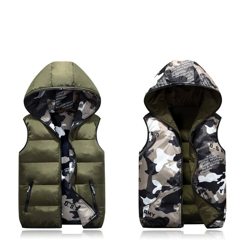 Parent-Child Outfits Warm Camo Reversible Vest Girls Boys Cotton Full Zip Waistcoat School Kids Outerwear Child Jacket 100-185cm