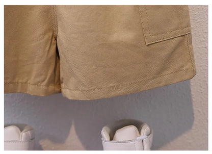 Summer Kids 2024 Summer New Boys Suit Child Buttons Shirt Cargo Shorts Multi-pocket Workwear Suit Short Sleeve Shorts Cotton Set