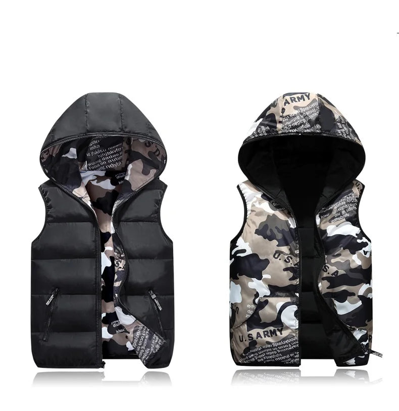 Parent-Child Outfits Warm Camo Reversible Vest Girls Boys Cotton Full Zip Waistcoat School Kids Outerwear Child Jacket 100-185cm