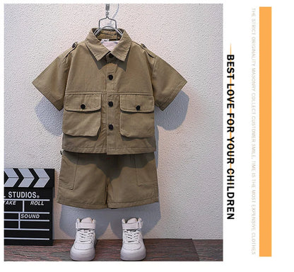 Summer Kids 2024 Summer New Boys Suit Child Buttons Shirt Cargo Shorts Multi-pocket Workwear Suit Short Sleeve Shorts Cotton Set