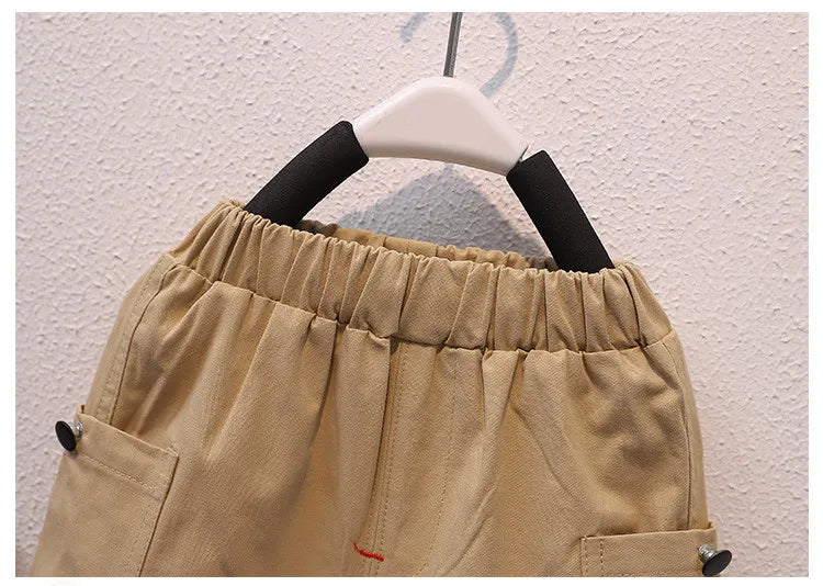 Summer Kids 2024 Summer New Boys Suit Child Buttons Shirt Cargo Shorts Multi-pocket Workwear Suit Short Sleeve Shorts Cotton Set