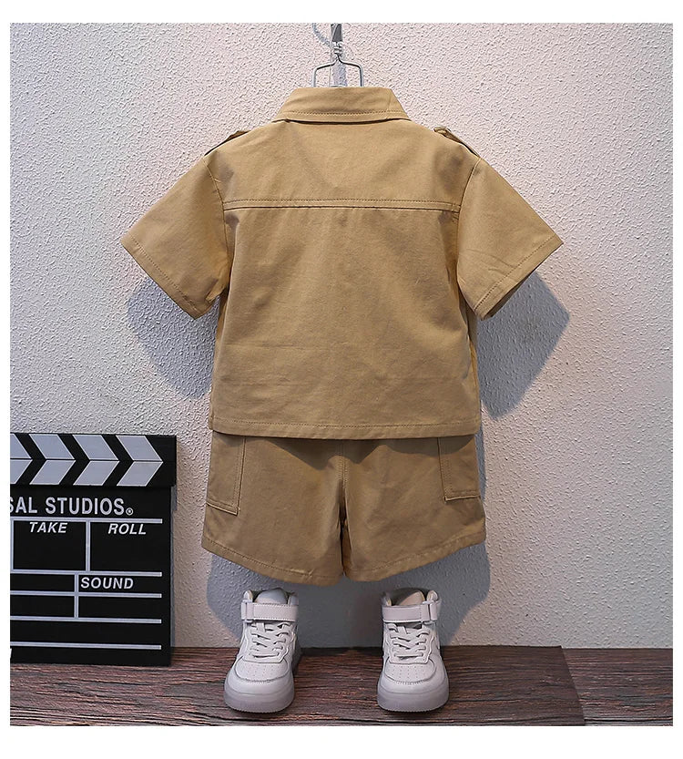Summer Kids 2024 Summer New Boys Suit Child Buttons Shirt Cargo Shorts Multi-pocket Workwear Suit Short Sleeve Shorts Cotton Set