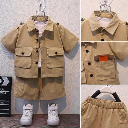 Summer Kids 2024 Summer New Boys Suit Child Buttons Shirt Cargo Shorts Multi-pocket Workwear Suit Short Sleeve Shorts Cotton Set