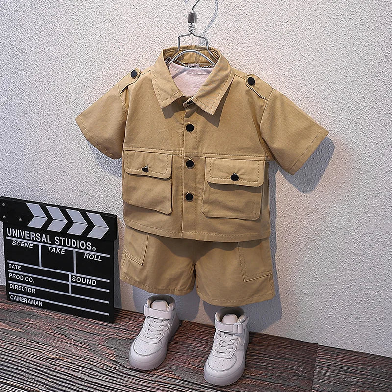Summer Kids 2024 Summer New Boys Suit Child Buttons Shirt Cargo Shorts Multi-pocket Workwear Suit Short Sleeve Shorts Cotton Set
